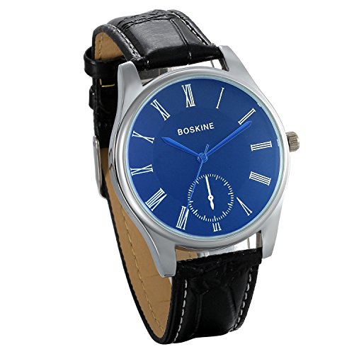 JewelryWe Relojes de Hombre Los Enamorados Reloj Azul Analogico con Correa de Cuero Negro, Buen Regalo de San Valentín Navidad