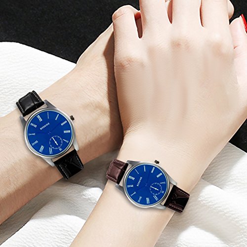 JewelryWe Relojes de Hombre Los Enamorados Reloj Azul Analogico con Correa de Cuero Negro, Buen Regalo de San Valentín Navidad