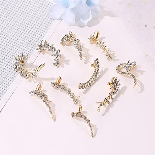 JIUXIAO Modyle Bohemian No Piercing Crystal Rhinestone Ear Cuff Wrap Stud Clip Pendientes para Mujer Chica Pendientes de Moda Joyas Bijoux-Light Yellow Gold Color