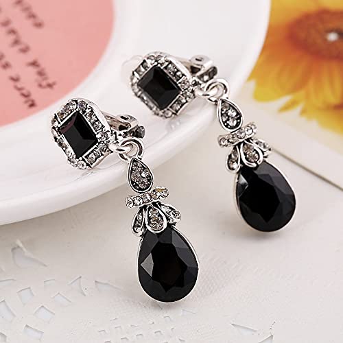 JIUXIAO Trendy Vintage Silver Color Black Pendientes Clips Sin Perforaciones Ear Clips Pendientes Mujeres Pendientes Largos de Cristal Red Dangle-Light Yellow Gold Color