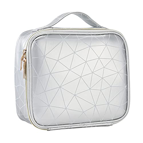 Joligrace Neceser Maquillaje Bolsa de Maquillaje Cosméticos Beauty Case de Viaje Maletin Manicura Joyero Organizador Esmalte de Uñas Estuche Vacio Profesional Cuero de PU Plateado, Patrón de Diamante