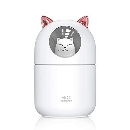 JSG Humidificador Bebes Relajante Ultrasónico Aromaterapia Puro 300ml Purificador de Aire, Aceites Esenciales Humidificador con Luces LED Cambiantes de 7 Colores Silencioso (Blanco/B)