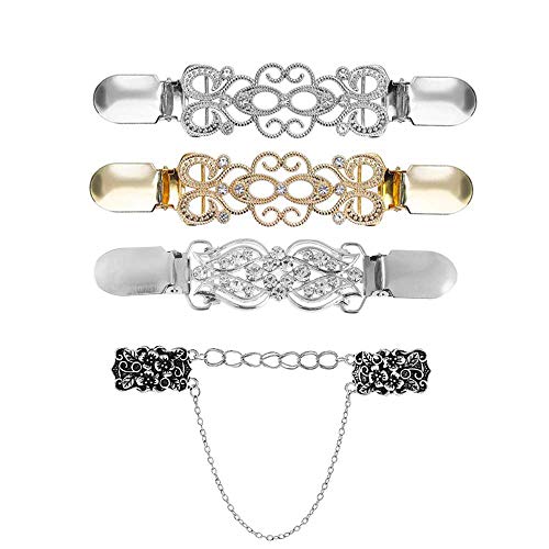 JustYit 4pcs Clip de Suéter de Plata Clip de Cuello de Rebeca para Mujer Clips de Suéter de Oro y Plata Clips de Rebeca con Cuentas Clip de Cuello de Rebeca