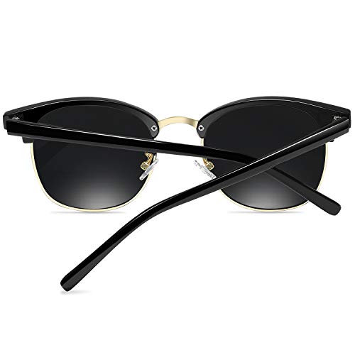 KANASTAL Gafas de Sol Polarizadas Hombre y Mujer Medio Marco de Metal Clásicas Vintage Elegant Moda Para Viaje Playa Golf Pescar al Aire Libre Viajes (Negras Oro)