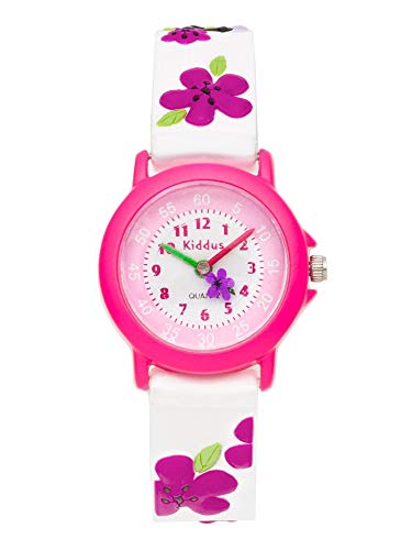 KIDDUS Reloj Educativo de Calidad para niña y niño. Analógico de Pulsera, con Ejercicios Time Teacher para Aprender a Leer y Decir la Hora. Flores en Relieve