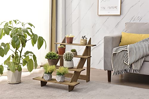 KIRIGEN Soporte de escalera de madera, 4 peldaños, estante de madera, escalera para plantas, expositor de almacenamiento, para interior y exterior, color marrón oscuro