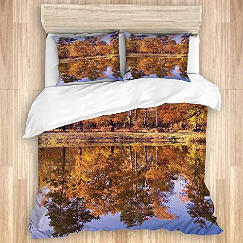 KOSALAER Juego de Funda nórdica de algodón Lavado, Bosque otoñal escénico Que se refleja en el Lago Pale Leaf Trees Dreamy Park Nature, Juego de Cama Suave de Lujo de 3 Piezas, tamaño King