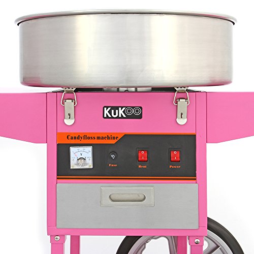 KUKOO Máquina de Algodón de Azúcar Acero Inoxidable Máquina Eléctrica para Hacer Algodón de Azúcar Cotton Candy Machine Commercial (con Cubierta y Carrito)