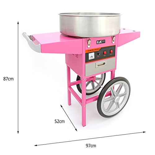 KUKOO Máquina de Algodón de Azúcar Acero Inoxidable Máquina Eléctrica para Hacer Algodón de Azúcar Cotton Candy Machine Commercial (con Cubierta y Carrito)