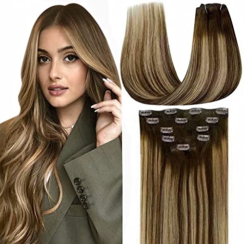 LaaVoo Clip Extensiones Cabello 45 cm Balayage Extensiones de Clip Natural Marrón Oscuro Balayage Caramelo Rubio Remy Hair Extensiones de Clip Marron 5 Pieza/70 Gramos