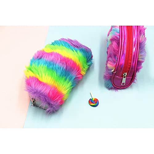 laoonl Bolso de tela de felpa de color arco iris simple para mujer, bolso de cosméticos mullido, estuche multifuncional creativo, estuche de almacenamiento de papelería para lápiz cosmético