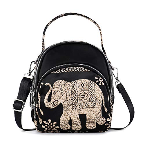 LaRechor Bolso Bandolera Pequeño con 3 Cremallera - Mujer Bolso de Viaje Noche - Bolsa de Elefante étnico Ligero, 2 Correa