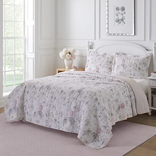 Laura Ashley Home - Colección floral Breezy – Juego de edredón de lujo ultra suave, ropa de cama elegante para todas las estaciones, Full/Queen, rosa/gris