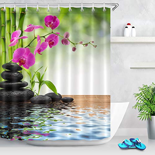 LB SPA Primavera Cortina de Ducha con Ganchos, Bambú Orquídea Piedra Negra Cortina de baño 180x200cm Resistente al Agua Anti-Moho   Lavable Tejido de poliéster