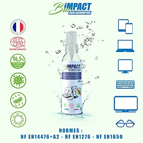 Limpia Pantallas PC y Teléfono Móvil, VIRUCIDA, Bío, 250ml, Elimina EL 99,9% DE Las BACTERIAS Y LOS Virus, Desinfectante Portatil Spray, Limpiador Pantalla Ordenador, Screen Cleaner, Limpiar Gafas