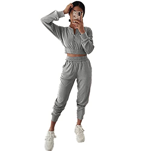 Loalirando Conjunto de mujer deportivo de 2 piezas, chándal de mujer otoño e invierno Crop Top + pantalones de cintura alta elegante para niña S-XL, gris, S