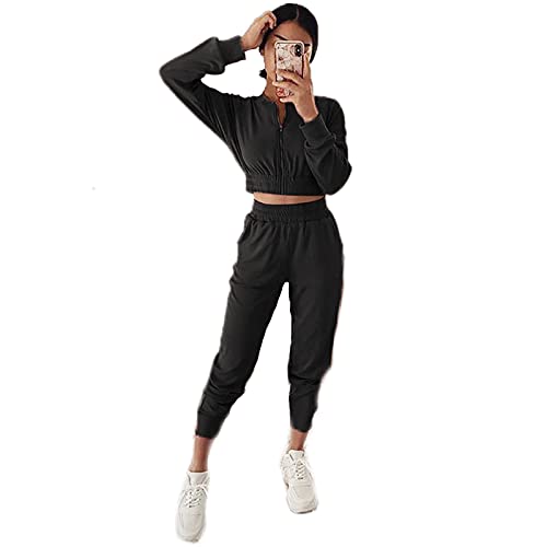 Loalirando Conjunto de mujer deportivo de 2 piezas, chándal de mujer otoño e invierno Crop Top + pantalones de cintura alta elegante para niña S-XL, Negro , S