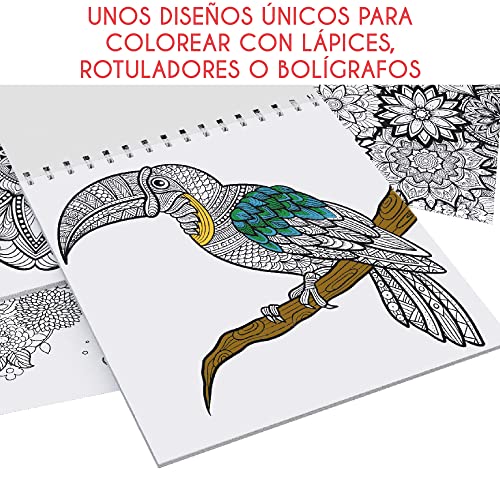 Lote de 3 Libros para Colorear: Animales, Mandalas, Flores - Libro Colorear Adultos con Espirales- Cuaderno de Mandalas Antiestrés - 120 dibujos de Alta Calidad para Colorear