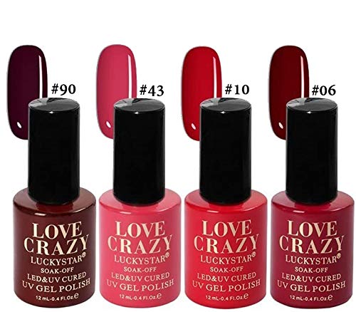 LOVECRAZY® Series Esmaltes de Uñas en Gel Permanente/Semipermanente para Manicura y Pedicura, 4 Esmaltes de Colores,Top Coat y Base Coat UV LED (90,43,10,06)