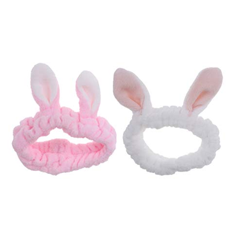 Lurrose 2 piezas diademas de oreja de conejo bandas elásticas para lavar la cara lindas felpa conejito diadema gruesa diademas de invierno sombreros de maquillaje para adultos