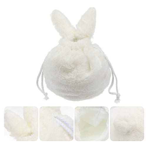 Lurrose Bolsas de almacenamiento conejito de peluche mullidas lindas con cordón, bolsa de cosméticos de 10 x 7 pulgadas (blanco beige)