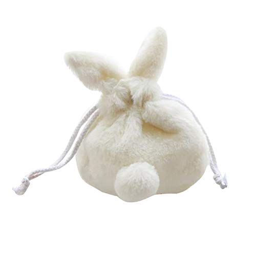 Lurrose Bolsas de almacenamiento conejito de peluche mullidas lindas con cordón, bolsa de cosméticos de 10 x 7 pulgadas (blanco beige)