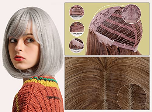 Maeau - Peluca Mujer Bob Pelo Natural Recto Pelucas Corta Mujeres Cabello Natural Gris Claro con Flequillo Peluca Sintética Resistente al Calor Diario para Fiesta Cosplay Exterior