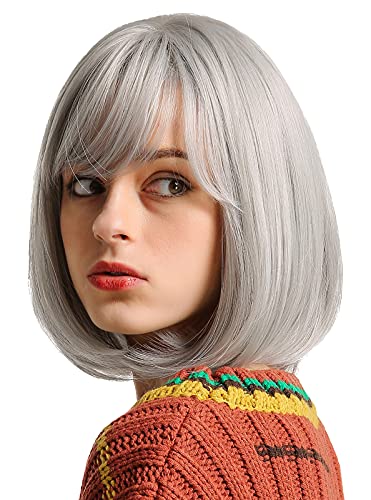 Maeau - Peluca Mujer Bob Pelo Natural Recto Pelucas Corta Mujeres Cabello Natural Gris Claro con Flequillo Peluca Sintética Resistente al Calor Diario para Fiesta Cosplay Exterior