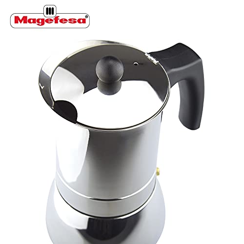 MAGEFESA Genova - Cafetera italiana fabricada en Acero inoxidable, capacidad para 10 tazas, apta para todo tipo de cocinas incluido INDUCCION (Cafetera 10 Tazas + 6 Cucharas moka)