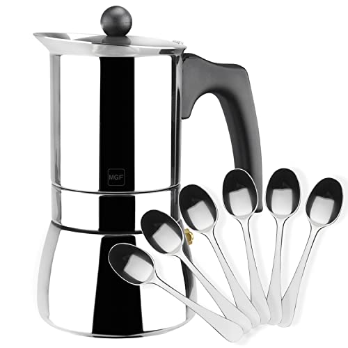 MAGEFESA Genova - Cafetera italiana fabricada en Acero inoxidable, capacidad para 10 tazas, apta para todo tipo de cocinas incluido INDUCCION (Cafetera 10 Tazas + 6 Cucharas moka)