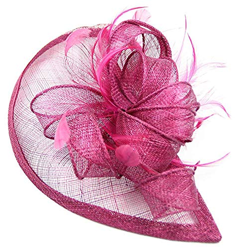 Mallalah Nupcial Tocado Sombrero de Encaje, Fiesta Decoración para Mujeres Sombrero de la Ceremonia de la Boda de la Fiesta de la Flor de la Pluma de Las Mujeres (Rosa Oscuro)