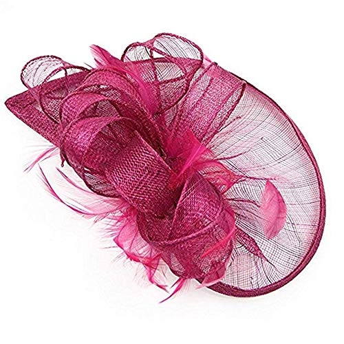 Mallalah Nupcial Tocado Sombrero de Encaje, Fiesta Decoración para Mujeres Sombrero de la Ceremonia de la Boda de la Fiesta de la Flor de la Pluma de Las Mujeres (Rosa Oscuro)