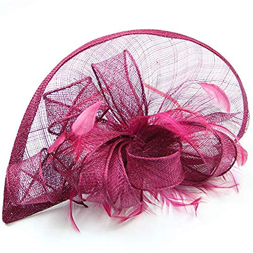 Mallalah Nupcial Tocado Sombrero de Encaje, Fiesta Decoración para Mujeres Sombrero de la Ceremonia de la Boda de la Fiesta de la Flor de la Pluma de Las Mujeres (Rosa Oscuro)