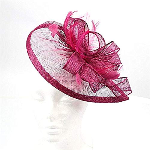 Mallalah Nupcial Tocado Sombrero de Encaje, Fiesta Decoración para Mujeres Sombrero de la Ceremonia de la Boda de la Fiesta de la Flor de la Pluma de Las Mujeres (Rosa Oscuro)