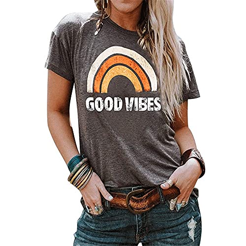 Manga Corta Mujer T-Shirts Sencillez Cómoda Verano Cuello Redondo Mujer Tops Moda Chic Carta Arco Iris Estampado Diseño Diario Casual Ligero Transpirable All-Match Mujer Blusa C-Grey Orange S