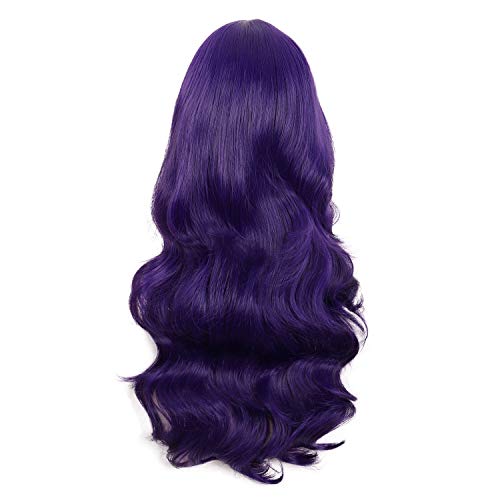 MapofBeauty 28 Pulgadas/70cm Encantadoras Mujeres Con Flequillo Lateral Largo y Rizado Peluca Sintética de Pelo Completo (Morado Oscuro)