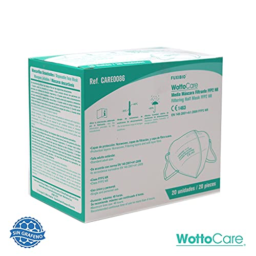 Mascarilla FFP2 CE 1463 WottoCare, 20 uds FFP2 Protección Personal. Bolsa Individual. Alta filtración. Pinza Nasal Suave/Ajustable, Mascarilla Profesional Libre de Grafeno