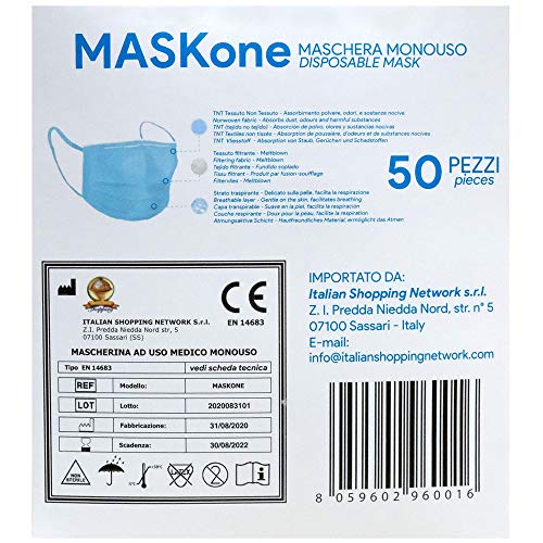 MaskOne Junior - Mascarillas quirúrgicas desechables - Empaquetado individualmente - Certificación CE Paquete de 50 piezas - Mascarilla quirúrgica para mujeres y caras pequeñas - Medicas homologadas