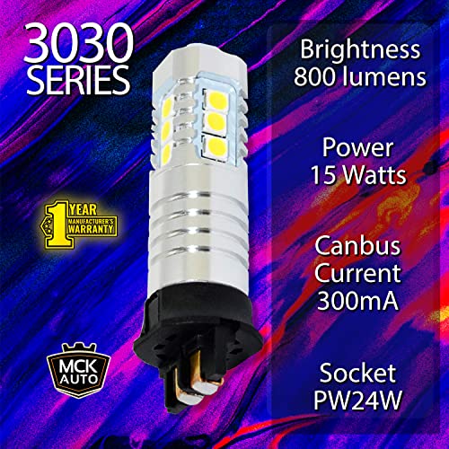 MCK Auto - Reemplazo para PW24W LED CanBus Juego de bombillas blancas muy claras y sin erros CC F30