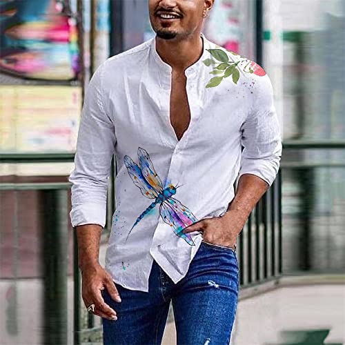 Men Shirt Round Neck Slim Fit Personality Print Men Shirt Spring Autumn Fashion Casual Men Long Sleeve Shirt Comfortable Breathable Men Linen Shirt A-1 S