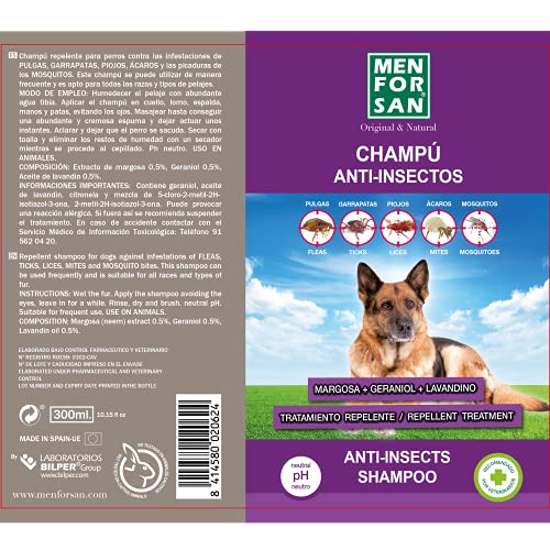 MENFORSAN Champú Perros Anti-Insectos con Margosa, Geraniol Y Lavandino - 300 ml
