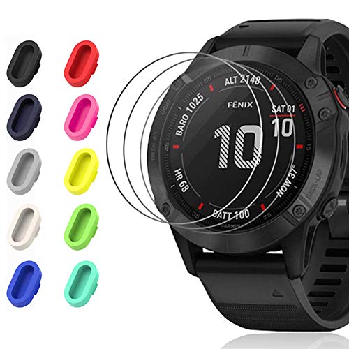 Miimall Protectora de Pantalla para Garmin Fenix 6X/ 6X Pro/ 6X Pro Solar con Tapón de Polvo, Alta Definición Película Vidrio Templado y Tapones Antipolvo para Garmin Fenix 6X - Multicolores