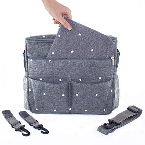 minki micos Bolso cambiador para carrito de bebé. Organizador con interior térmico, ganchos y correa universal. Compacto y moderno. (Gris)