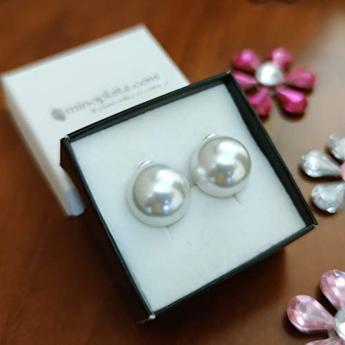 Minoplata Pendientes media Perla sintética 14 Mm. de diámetro con cierre omega de Plata de ley 925, una joya de diseño clásico para mujeres que adoran los complementos que jamás pasan de moda