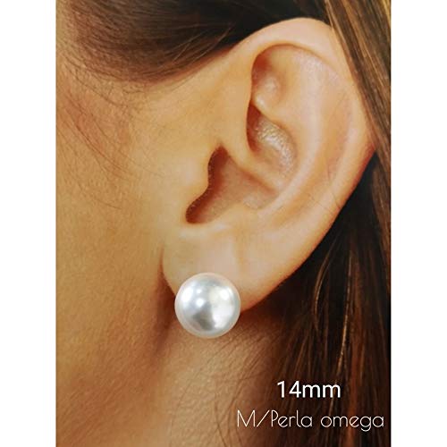 Minoplata Pendientes media Perla sintética 14 Mm. de diámetro con cierre omega de Plata de ley 925, una joya de diseño clásico para mujeres que adoran los complementos que jamás pasan de moda