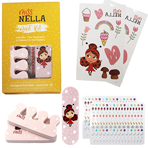 Miss Nella KIT DE UÑAS Y ESMALTE DE UÑAS Set de accesorios para niños + Esmalte de uñas Miss Nella - esmalte de uñas peel off, adhesivos para uñas, tatuajes, separadores de uñas y separadores de pies