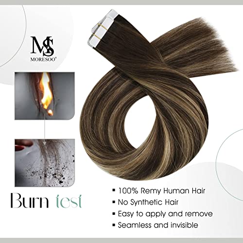 Moresoo Extensiones Adhesivas de Cabello Natural 30cm Extensiones Pelo Humano 30g/20pcs Súper Brillante Extensiones de Pelo Brasileño #4/27/4 Balayage Marrón Oscuro con Rubio Caramelo