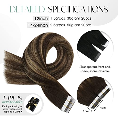 Moresoo Extensiones Adhesivas de Cabello Natural 30cm Extensiones Pelo Humano 30g/20pcs Súper Brillante Extensiones de Pelo Brasileño #4/27/4 Balayage Marrón Oscuro con Rubio Caramelo