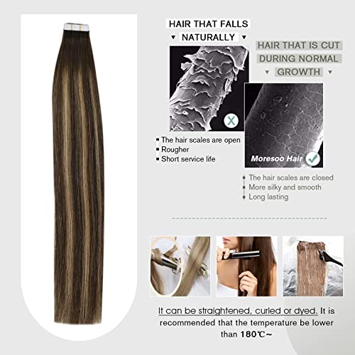 Moresoo Extensiones Adhesivas de Cabello Natural 30cm Extensiones Pelo Humano 30g/20pcs Súper Brillante Extensiones de Pelo Brasileño #4/27/4 Balayage Marrón Oscuro con Rubio Caramelo