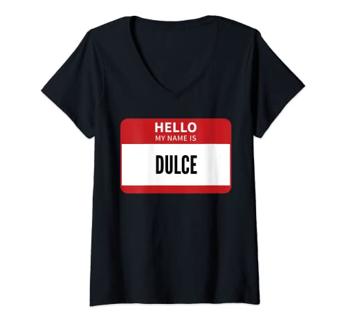 Mujer Dulce etiqueta de nombre, hola mi nombre es dulce Camiseta Cuello V